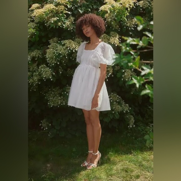Sister Jane Penny Pearl Mini Dress, White Puff Dress, Bridal Shower Cocktail M - Picture 1 of 11